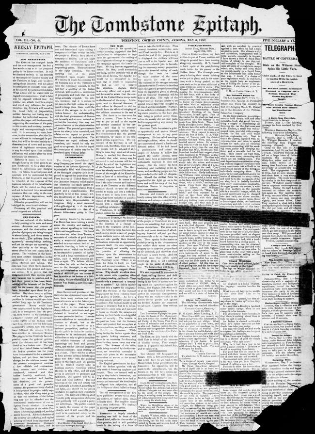 Front page of the Weekly Epitaph, May 6, 1882, announcing new ownership under Samuel Purdy.