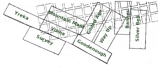 Map showing the layout of streets in Tombstone Arizona overlaid with mining claims. Mine names visible include Yreka, Mountain Maid, Guilded Age, Vizina, Survey, Silver Bell, Banner, Goodenough, and Way Up. The streets are arranged in an irregular grid pattern with some at angles to each other.