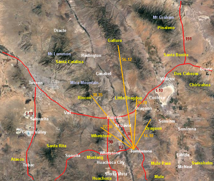 Satellite map of southeastern Arizona showing major towns, mountains, and roads. Includes Tucson, Tombstone, Willcox, and surrounding areas.