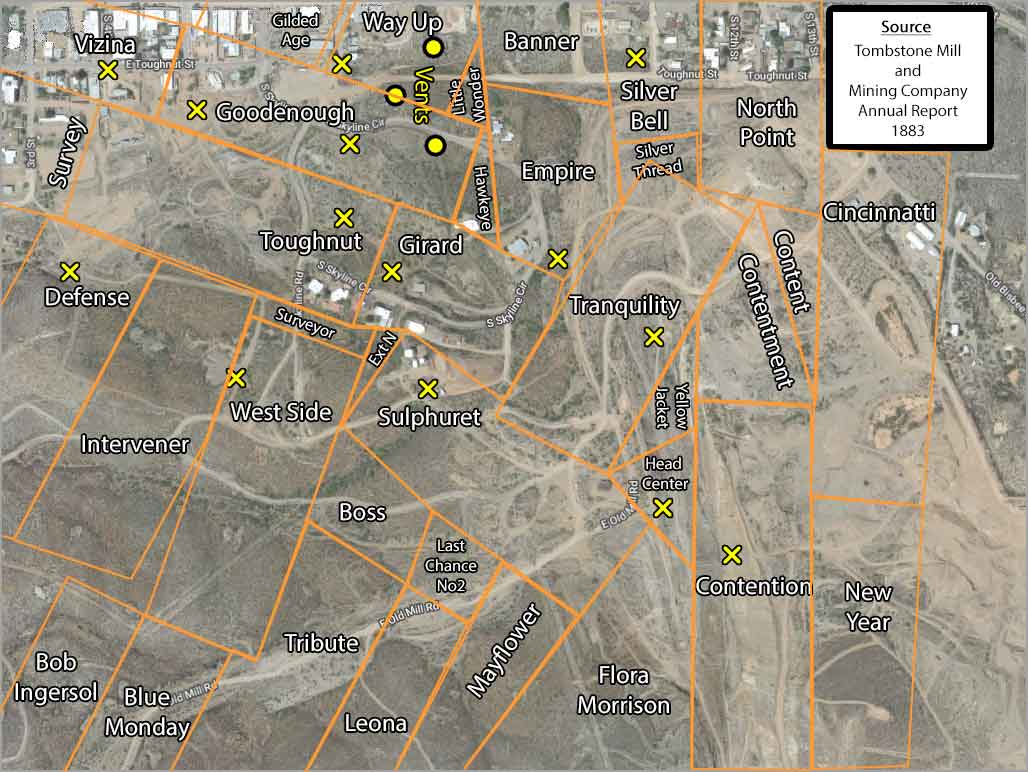 Aerial map of a mining area with labeled claims and properties. Shows a grid of mining claims marked by orange lines and labeled with names like 'Vizina', 'Way Up', 'Banner', 'Silver Bell', 'Goodenough', 'Toughnut', 'Girard', 'West Side', 'Sulphuret', and many others. The terrain appears arid and mountainous. A note indicates the source as 'Tombstone Mill and Mining Company Annual Report 1883'.